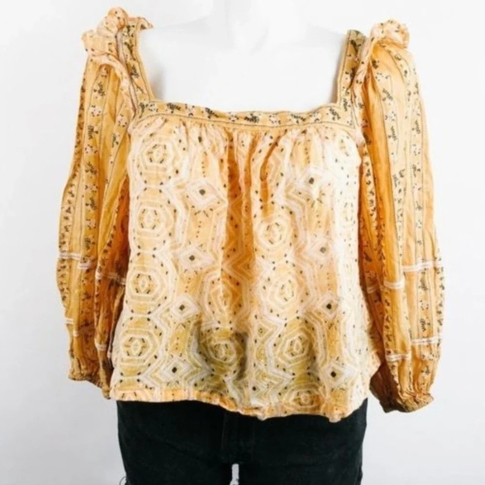 Free People Mustard Yellow Boho Floral Geometric Ruffle Puff Sleeve Blouse Large